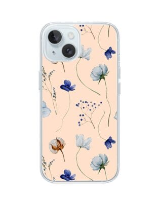 Etui do iPhone 15 przeźroczyste, silikonowe Flexi, kwiatki niebieskie na pudrowym tle