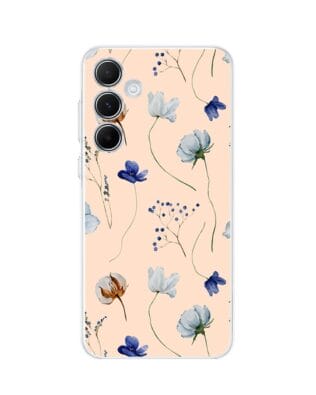 Etui do Samsung Galaxy A55 5G przeźroczyste, silikonowe Flexi, kwiatki niebieskie na pudrowym tle