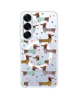 Etui do Samsung Galaxy S25 z MagSafe przeźroczyste, silikonowe Flexi, zakochane jamniki