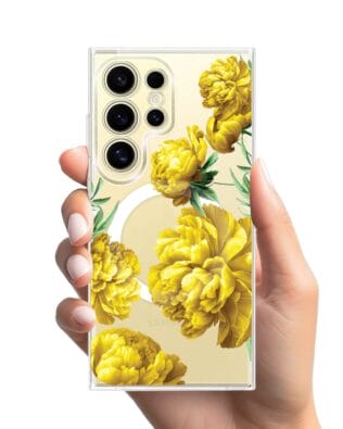 Etui do Samsung Galaxy S24 Ultra z MagSafe przeźroczyste, silikonowe Flexi, żółte piwonie