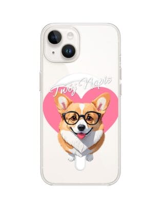 Etui do iPhone 13 Mini z MagSafe przeźroczyste, silikonowe Flexi, Puppy Love, pies rasy Corgi