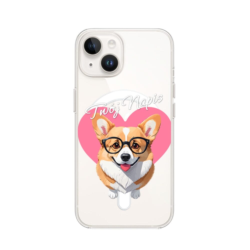 Etui do iPhone 13 Mini z MagSafe przeźroczyste, silikonowe Flexi, Puppy Love, pies rasy Corgi