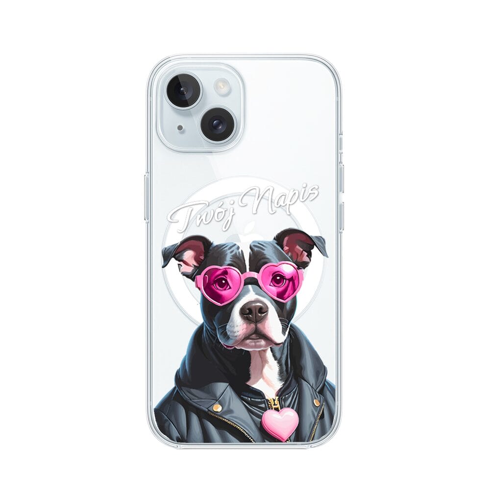Etui do iPhone 15 z MagSafe przeźroczyste, silikonowe Flexi, Puppy Love, pies rasy Amstaff