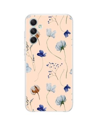Etui do Samsung Galaxy A34 5G przeźroczyste, silikonowe Flexi, kwiatki niebieskie na pudrowym tle