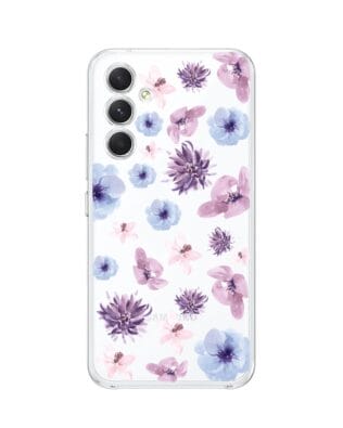 Etui do Samsung Galaxy A54 5G przeźroczyste, silikonowe Flexi, kwiatki niebieskie, fioletowe