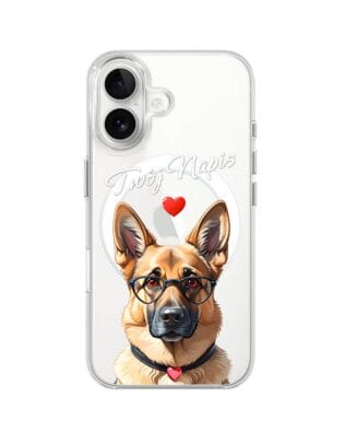 Etui do iPhone 16 z MagSafe przeźroczyste, silikonowe Flexi, Puppy Love, pies rasy Owczarek Niemiecki