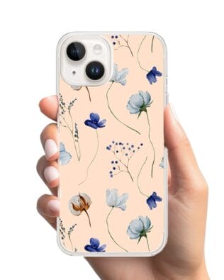 Etui do iPhone 14 z MagSafe przeźroczyste, silikonowe Flexi, kwiatki niebieskie na pudrowym tle