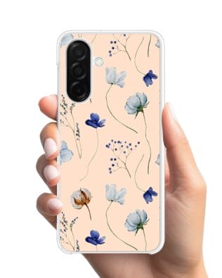 Etui do Samsung Galaxy A26 5G z MagSafe przeźroczyste, silikonowe Flexi, kwiatki niebieskie na pudrowym tle