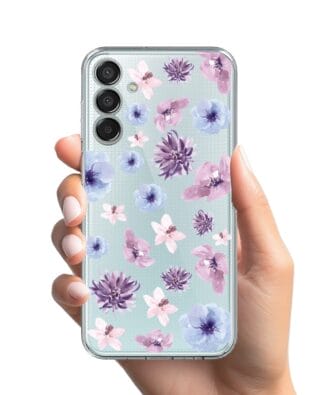Etui do Samsung Galaxy M15 5G przeźroczyste, silikonowe Flexi, kwiatki niebieskie, fioletowe