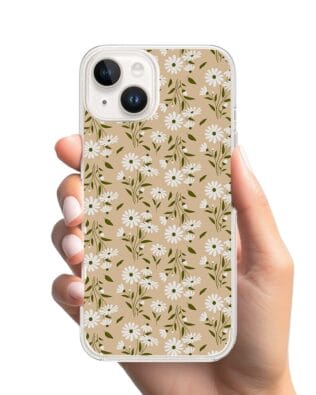 Etui do iPhone 13 Mini z MagSafe przeźroczyste, silikonowe Flexi, delikatne kwiatki na cielistym tle