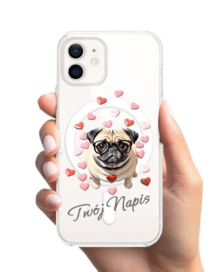 Etui do iPhone 12 z MagSafe przeźroczyste, silikonowe Flexi, Puppy Love, pies rasy Mops