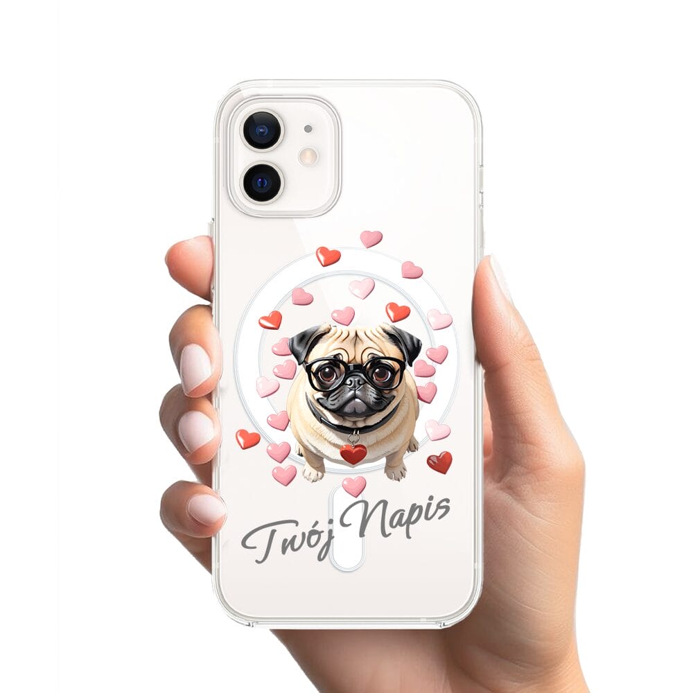 Etui do iPhone 12 z MagSafe przeźroczyste, silikonowe Flexi, Puppy Love, pies rasy Mops - obrazek 2