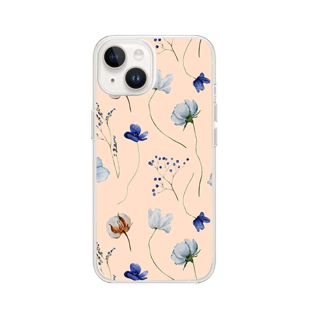 Etui do iPhone 13 Mini z MagSafe przeźroczyste, silikonowe Flexi, kwiatki niebieskie na pudrowym tle