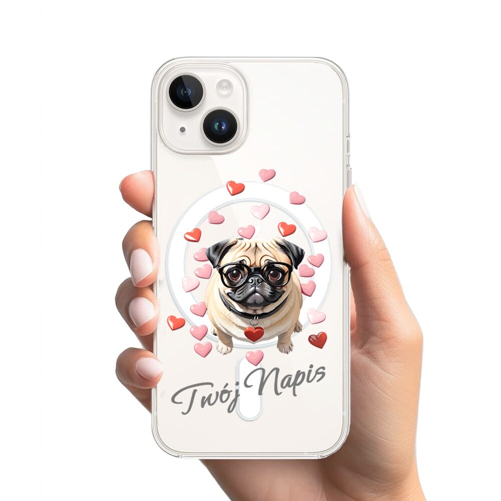 Etui do iPhone 13 Mini z MagSafe przeźroczyste, silikonowe Flexi, Puppy Love, pies rasy Mops - obrazek 2