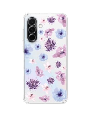 Etui do Samsung Galaxy A36 5G przeźroczyste, silikonowe Flexi, kwiatki niebieskie, fioletowe