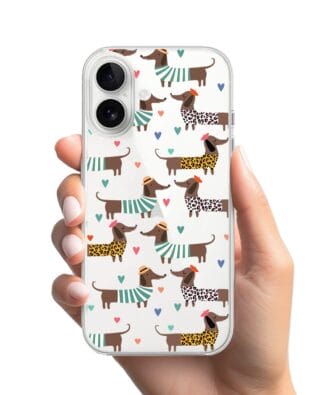 Etui do iPhone 16 Plus przeźroczyste, silikonowe Flexi, zakochane jamniki