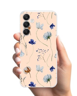 Etui do Samsung Galaxy A25 5G przeźroczyste, silikonowe Flexi, kwiatki niebieskie na pudrowym tle