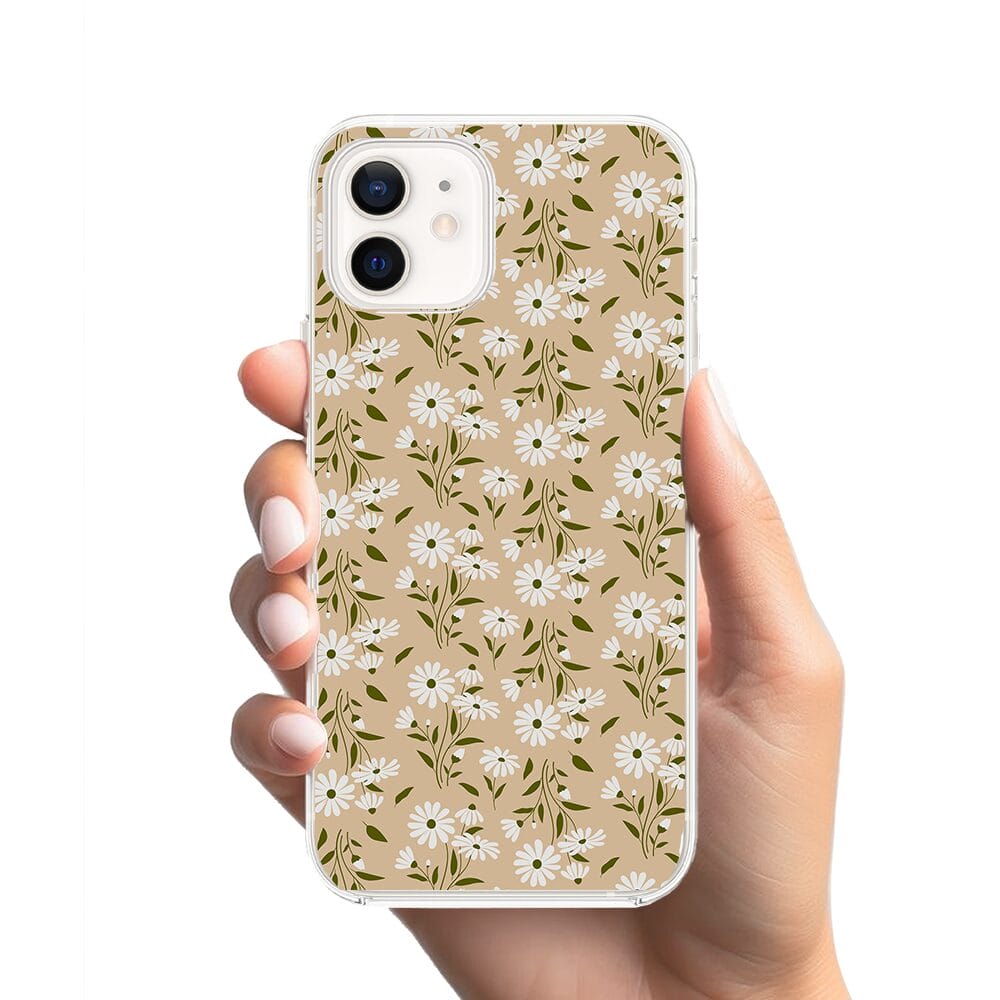 Etui do iPhone 12 Mini przeźroczyste, silikonowe Flexi, delikatne kwiatki na cielistym tle - obrazek 2