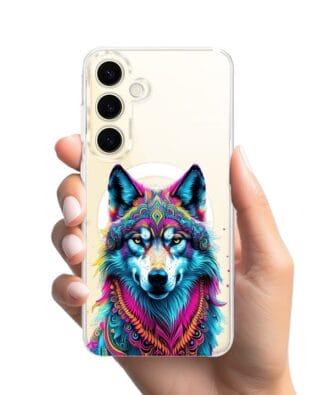 Etui do Samsung Galaxy S24 z MagSafe przeźroczyste, silikonowe Flexi, Dzika Mandala, Wilk