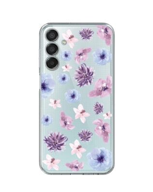 Etui do Samsung Galaxy M15 5G przeźroczyste, silikonowe Flexi, kwiatki niebieskie, fioletowe