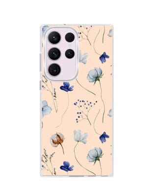 Etui do Samsung Galaxy S23 Ultra z MagSafe przeźroczyste, silikonowe Flexi, kwiatki niebieskie na pudrowym tle