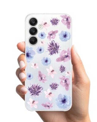 Etui do Samsung Galaxy A25 5G przeźroczyste, silikonowe Flexi, kwiatki niebieskie, fioletowe