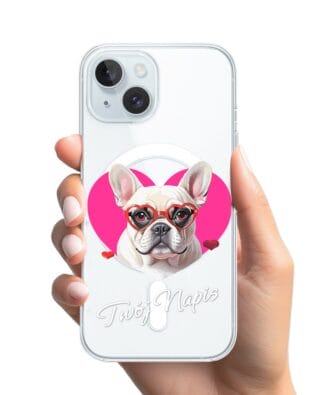 Etui do iPhone 15 Plus z MagSafe przeźroczyste, silikonowe Flexi, Puppy Love, pies rasy Buldog Francuski