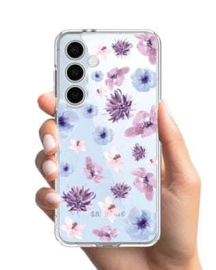 Etui do Samsung Galaxy S24 FE przeźroczyste, silikonowe Flexi, kwiatki niebieskie, fioletowe
