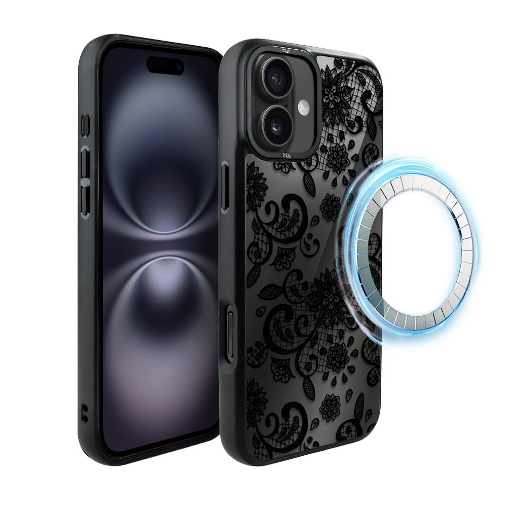 Etui do iPhone 16 IBIZU DropGuard Matt z MagSafe, Midnight, Koronkowa czerń