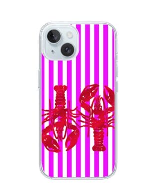 Etui do iPhone 15 Plus przeźroczyste, silikonowe Flexi, kraby z różowymi paskami