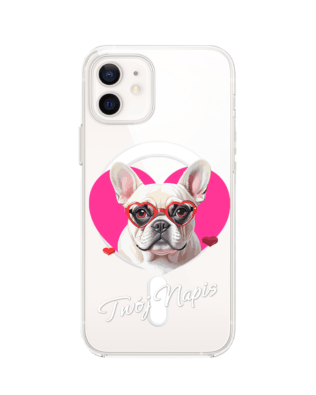 Etui do iPhone 12 Mini z MagSafe przeźroczyste, silikonowe Flexi, Puppy Love, pies rasy Buldog Francuski