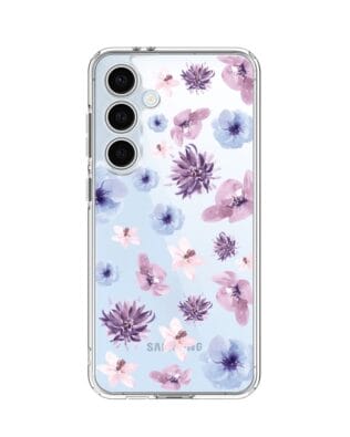 Etui do Samsung Galaxy S24 FE przeźroczyste, silikonowe Flexi, kwiatki niebieskie, fioletowe