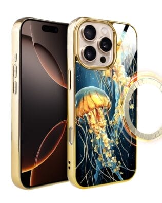 Etui do iPhone 16 Pro Max IBIZU Elite Glass z MagSafe Morze, Meduzy w głębinach, złote