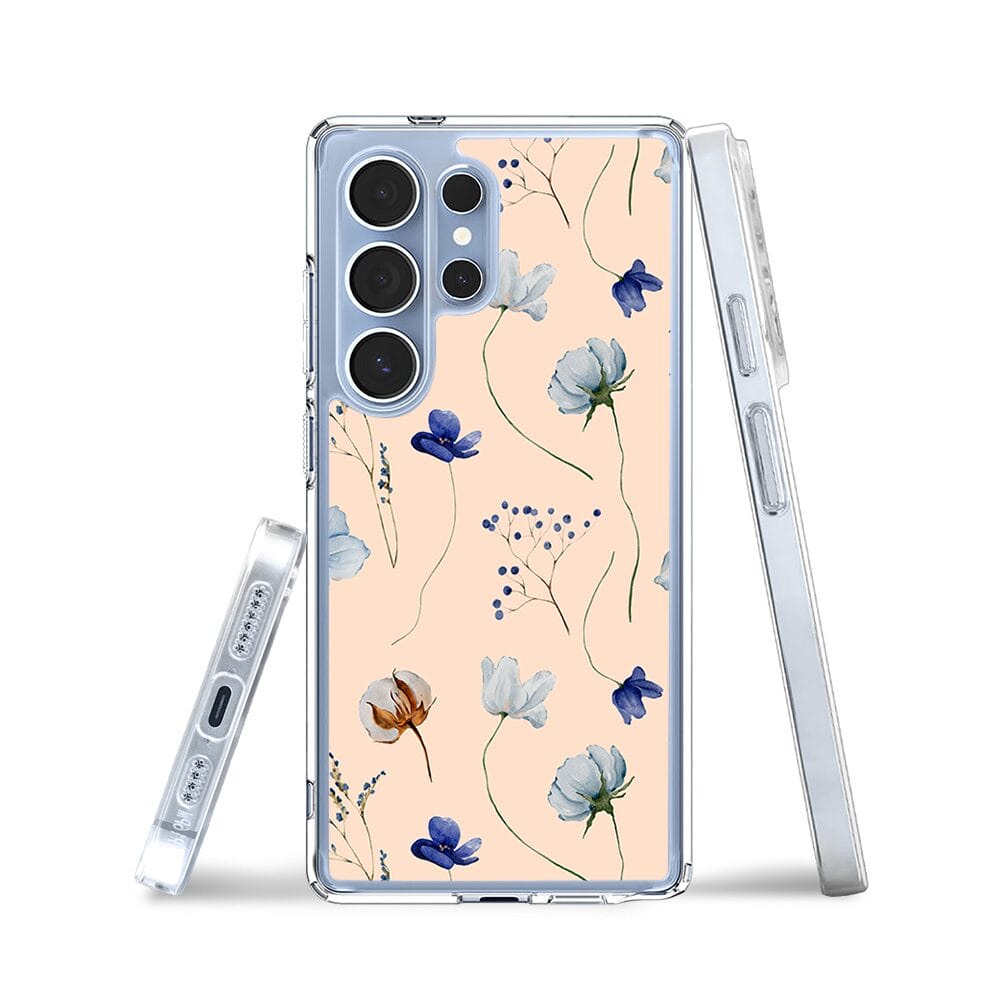 Etui do Samsung Galaxy S25 Ultra z MagSafe przeźroczyste, silikonowe Flexi, kwiatki niebieskie na pudrowym tle - obrazek 3