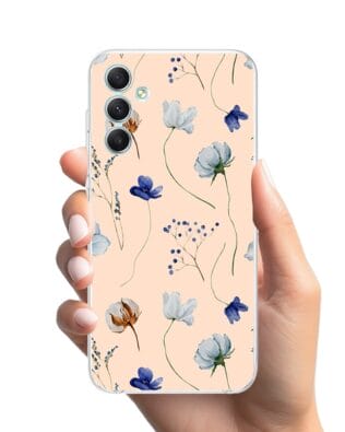 Etui do Samsung Galaxy A34 5G przeźroczyste, silikonowe Flexi, kwiatki niebieskie na pudrowym tle