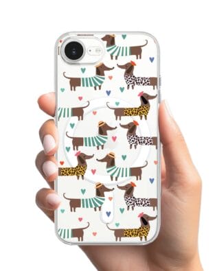 Etui do iPhone 16e z MagSafe przeźroczyste, silikonowe Flexi, zakochane jamniki