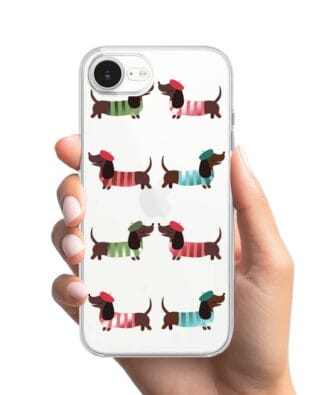 Etui do iPhone 16e przeźroczyste, silikonowe Flexi, jamnik w Paryżu