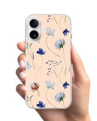 Etui do iPhone 16 Plus przeźroczyste, silikonowe Flexi, kwiatki niebieskie na pudrowym tle