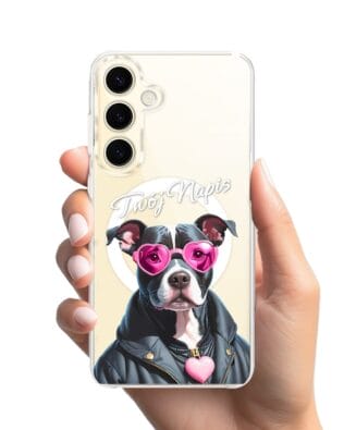 Etui do Samsung Galaxy S24 z MagSafe przeźroczyste, silikonowe Flexi, Puppy Love, pies rasy Amstaff