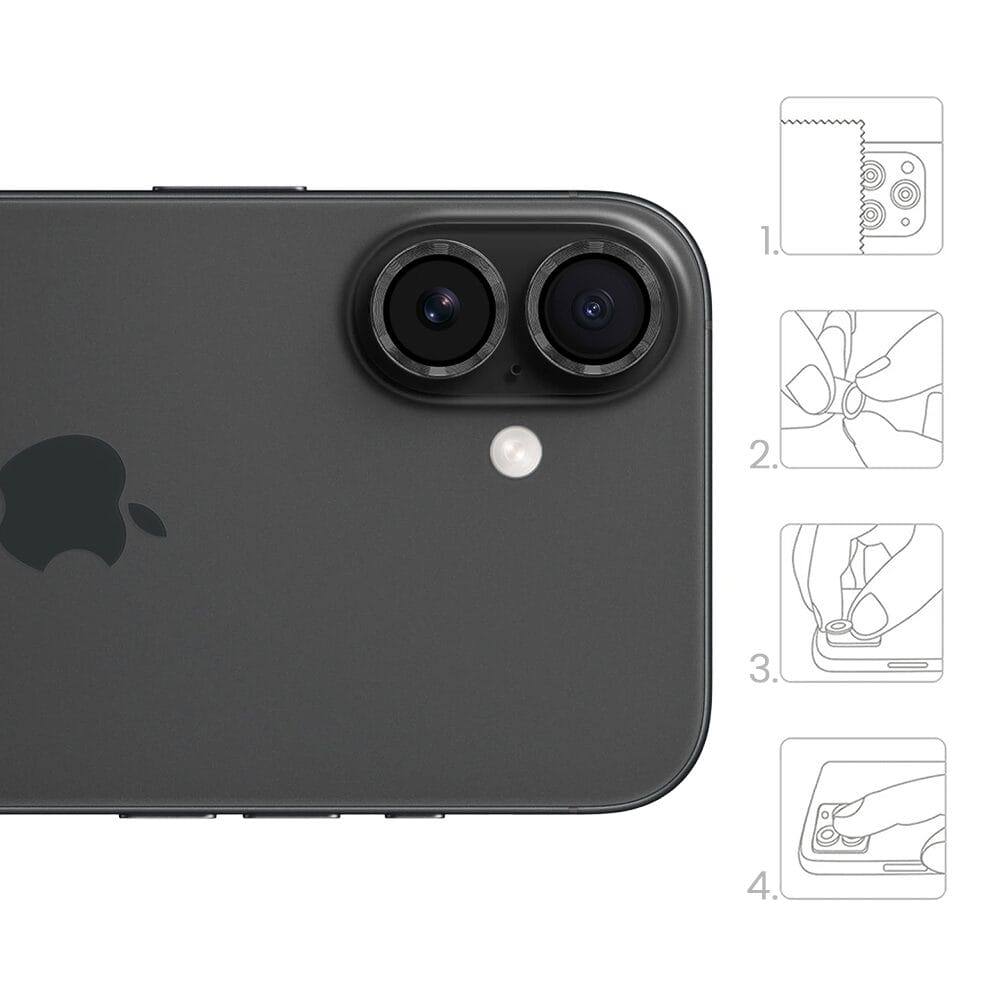Metalowa osłona obiektywu aparatu ze szkła hartowanego 9H do iPhone 16 Plus, 1 zestaw, czarna - obrazek 4