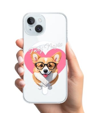 Etui do iPhone 15 z MagSafe przeźroczyste, silikonowe Flexi, Puppy Love, pies rasy Corgi