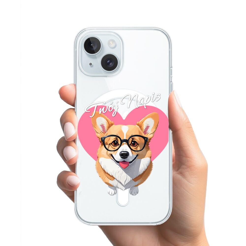 Etui do iPhone 15 z MagSafe przeźroczyste, silikonowe Flexi, Puppy Love, pies rasy Corgi - obrazek 2