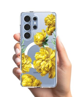 Etui do Samsung Galaxy S25 Ultra z MagSafe przeźroczyste, silikonowe Flexi, żółte piwonie