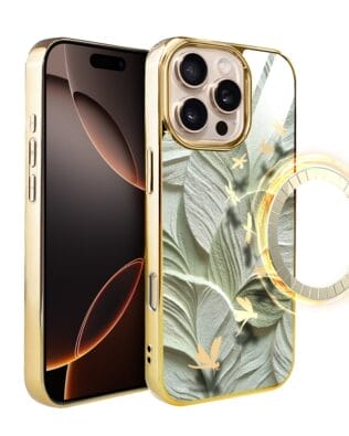 Etui do iPhone 16 Pro Max IBIZU Elite Glass z MagSafe Kwiaty, Taniec ważek, złote