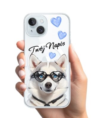 Etui do iPhone 15 Plus z MagSafe przeźroczyste, silikonowe Flexi, Puppy Love, pies rasy Husky