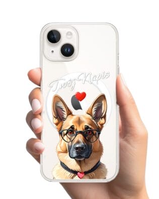 Etui do iPhone 14 z MagSafe przeźroczyste, silikonowe Flexi, Puppy Love, pies rasy Owczarek Niemiecki