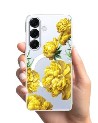 Etui do Samsung Galaxy S25 z MagSafe przeźroczyste, silikonowe Flexi, żółte piwonie