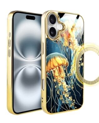 Etui do iPhone 16 Plus IBIZU Elite Glass z MagSafe Morze, Meduzy w głębinach, złote