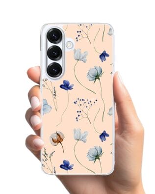 Etui do Samsung Galaxy S25 Plus z MagSafe przeźroczyste, silikonowe Flexi, kwiatki niebieskie na pudrowym tle