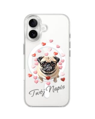 Etui do iPhone 16 Plus z MagSafe przeźroczyste, silikonowe Flexi, Puppy Love, pies rasy Mops